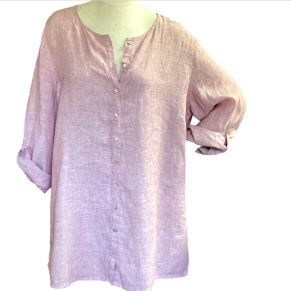 NWT Tahari 100% Linen Roll Tab Button-Up Tunic Top Light Red Plus Sz 2X #165D - Picture 1 of 9